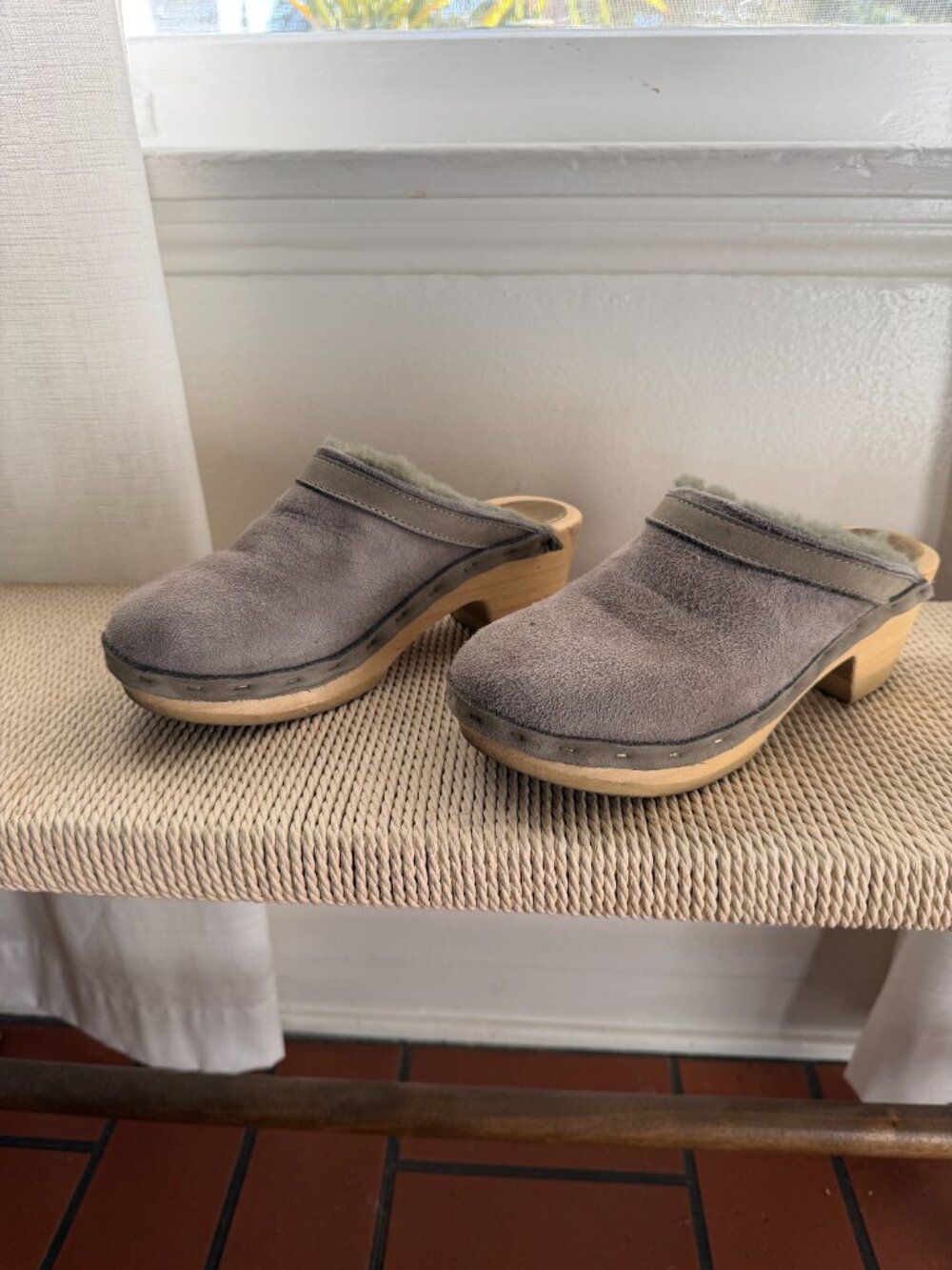 No 6 Grey Suede Mid Heel Clogs with Sheepskin lining